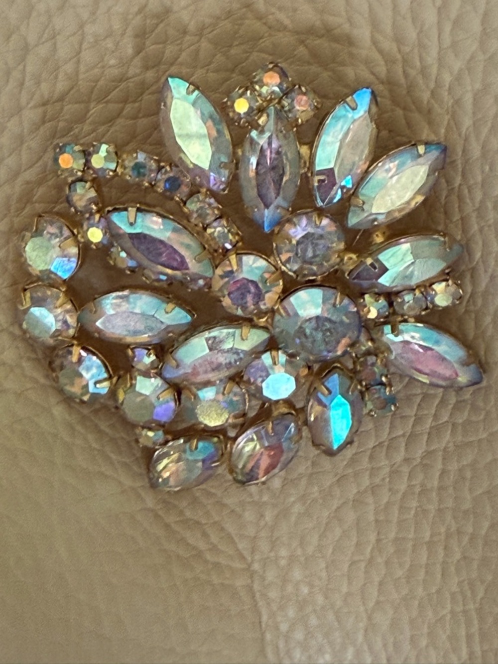 Vintage Iridescent Crystal Floral Brooch - Multicolor Sparkle